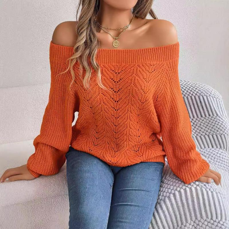 Fashion Off-the-shoulder Pullover Hollow Out Women Sweater Autumn Casual Knitted Tops Long Sleeve Loose Casual Solid Color One-word Collar Sweaters