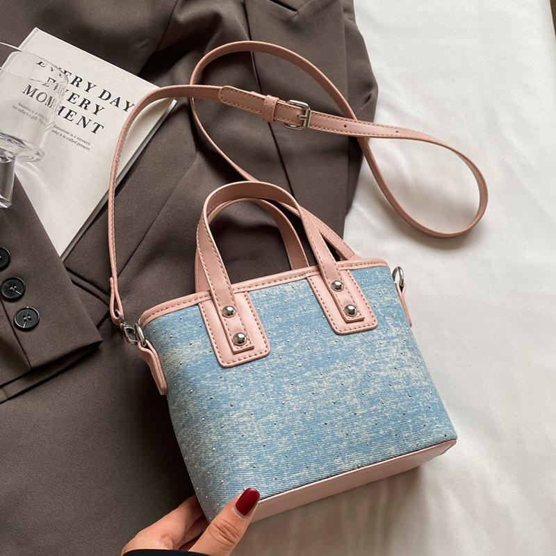 Popular Niche Casual Contrasting Denim Portable Bucket Bag Commuting Versatile Personalized Texture Messenger Women's Bag