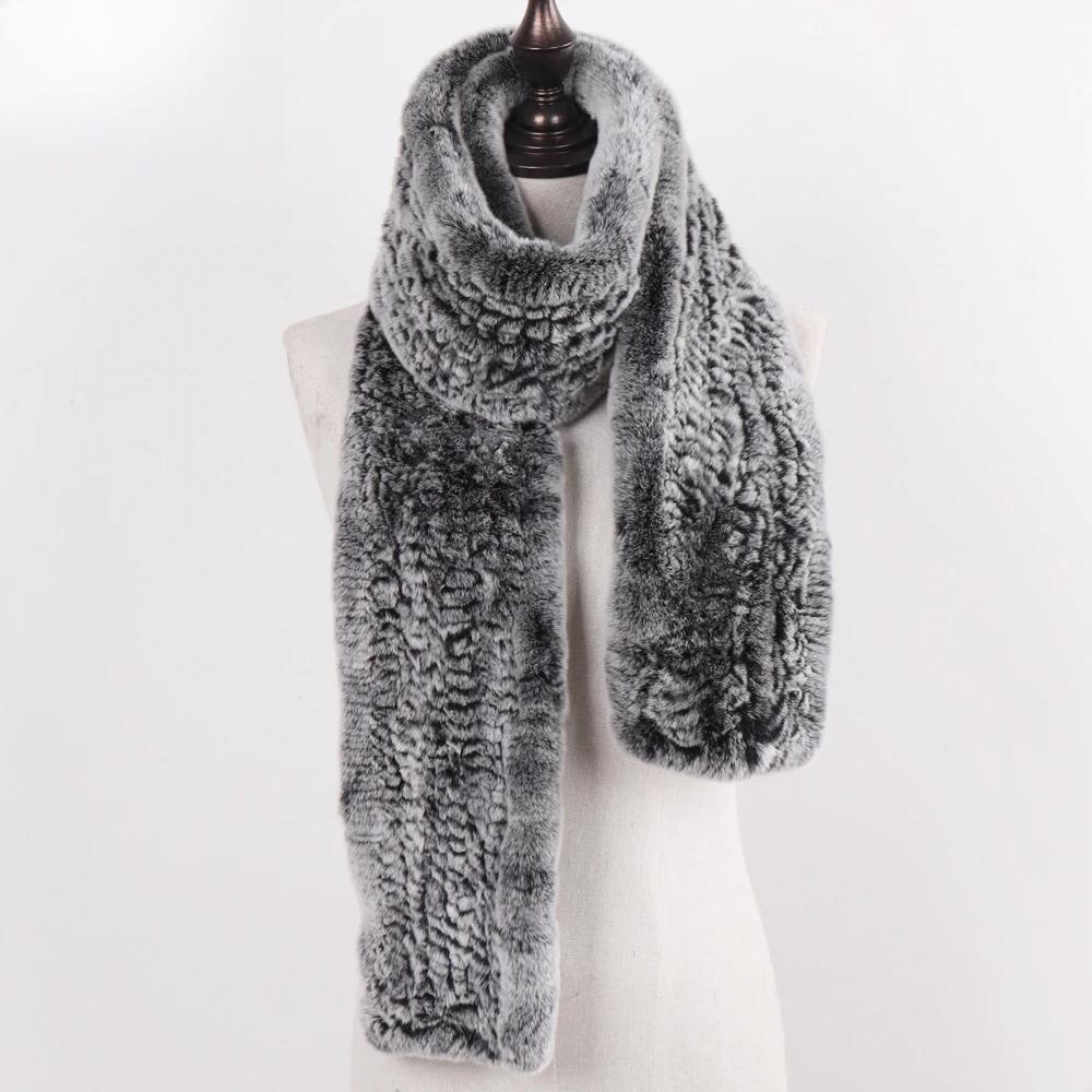 New Women Real Knitted Rex Rabbit Fur Scarf Fashion Luxury Brand Shawl Fur Scarves Solid Color Russian Winter Fur Neckerchief