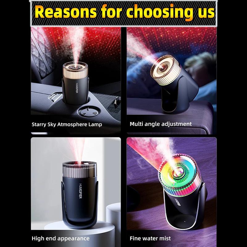 Shaking Head Air Humidifier Vehicle Purification 300ML Cool Water Mist Maker Colorful Night Lights Starry Sky Top USB Home Mute Steam Generator