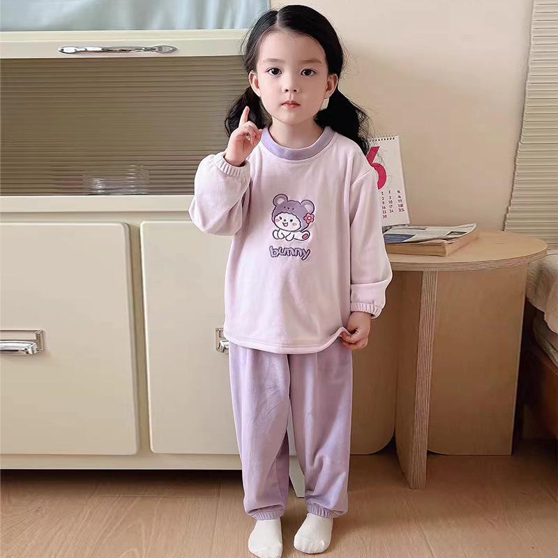Kids' Wool Plush Pajamas Set - Warm Autumn/Winter Coral Fleece Sleepwear for Boys and Girls