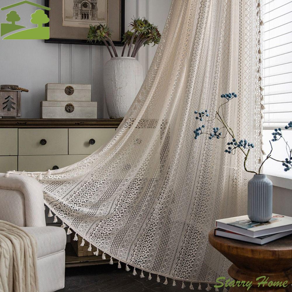 Retro Translucent Crochet Curtain Tassels Multi Size Cotton Curtain Hollow Beige Hollow Curtain Living Room