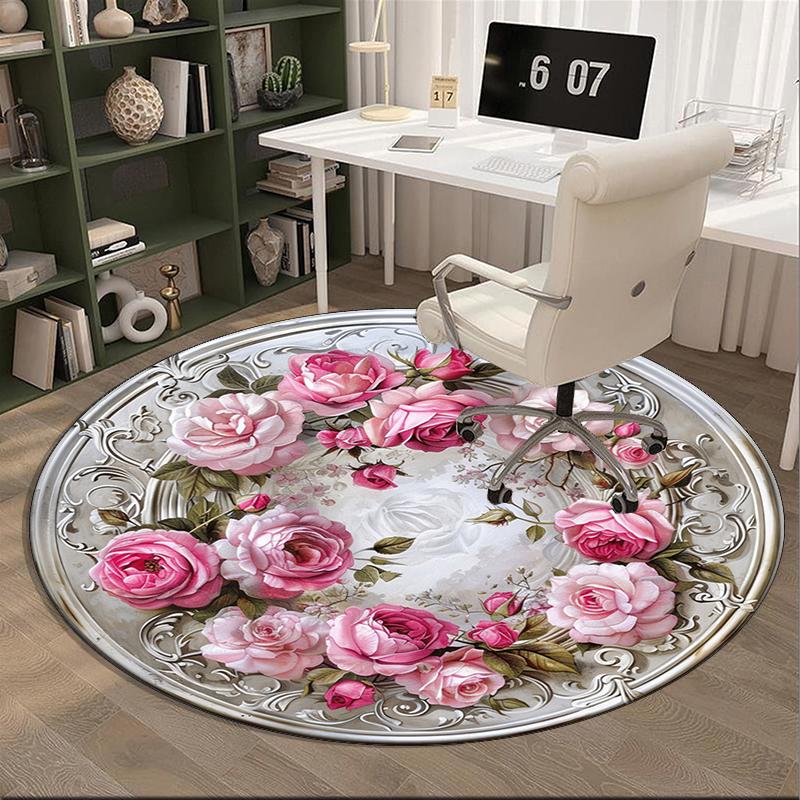Floral Elegance In Pink Roses round carpet Chair cushion Round Entryway Rug, Soft Round Rugs for Living Room, Bedroom, Circle Carpet decor gifts