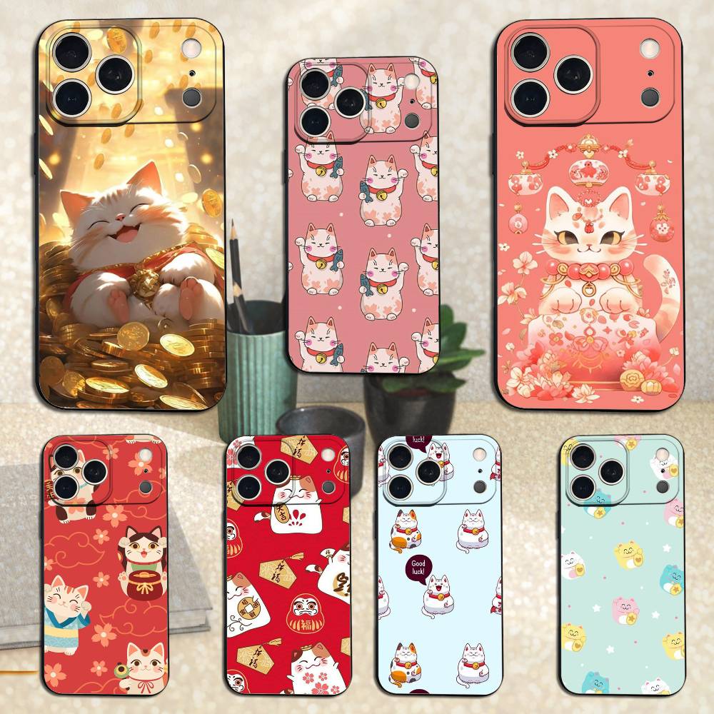 Cartoon Lucky Cat Phone For iPhone 13,12,15,14,11,16,17,Plus,Pro Max,XS,X,XR,SE,Mini,8,7,Soft Silicone Black
