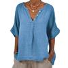 Cotton Linen Women Shirt V-Neck Buttons Half Placket Half Sleeve Breathable Loose Fit Tops Daily Wear
