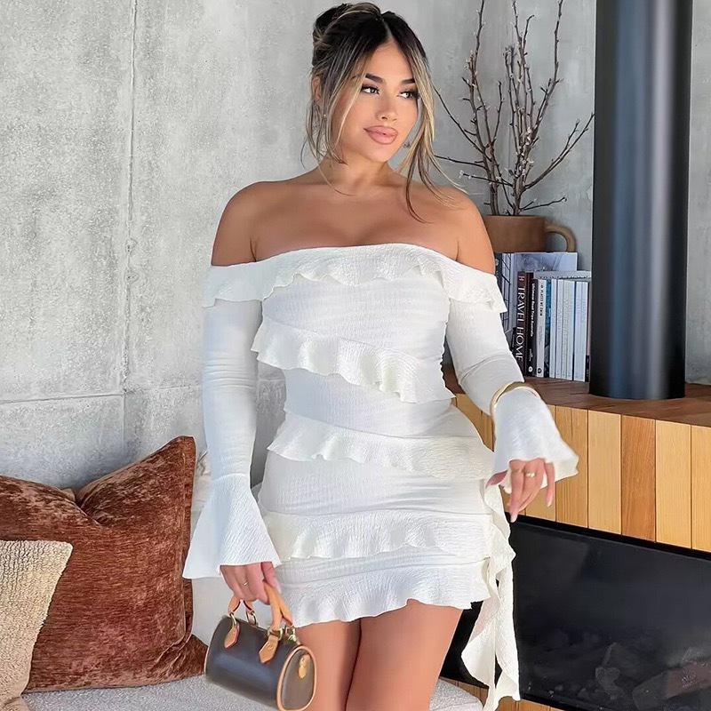2024 Autumn Strapless Ruffle Off-the-Shoulder Bell Sleeve Sash Dress