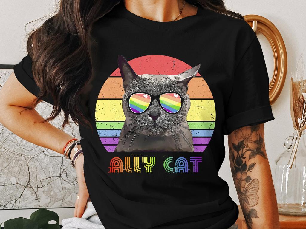 Cool Cat Pride T-Shirt, Retro Rainbow LGBT Ally Cat Tee, Unisex Graphic Cat Lover Shirt
