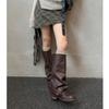 Cowhide Version Retro Platform High Tube Leather Boots Fat Mm Big Tube Circumference Round Head Thick Heel Trouser Tube Boots Women's Western Boots