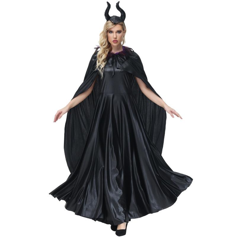 Farmec Adormit Femei Adulte Vrăjitoare Neagră Magie Regina Malefică Robă Lungă Coif cu Coarne Rochie Rochie Costume Cosplay de Halloween Ținută