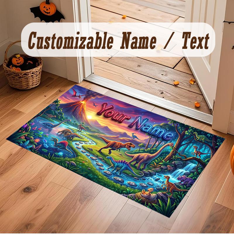 Dinosaur Theme Soft Crystal Velvet Rug Custom Name & Text Print Non Slip Floor Rug for Bedroom Living Room