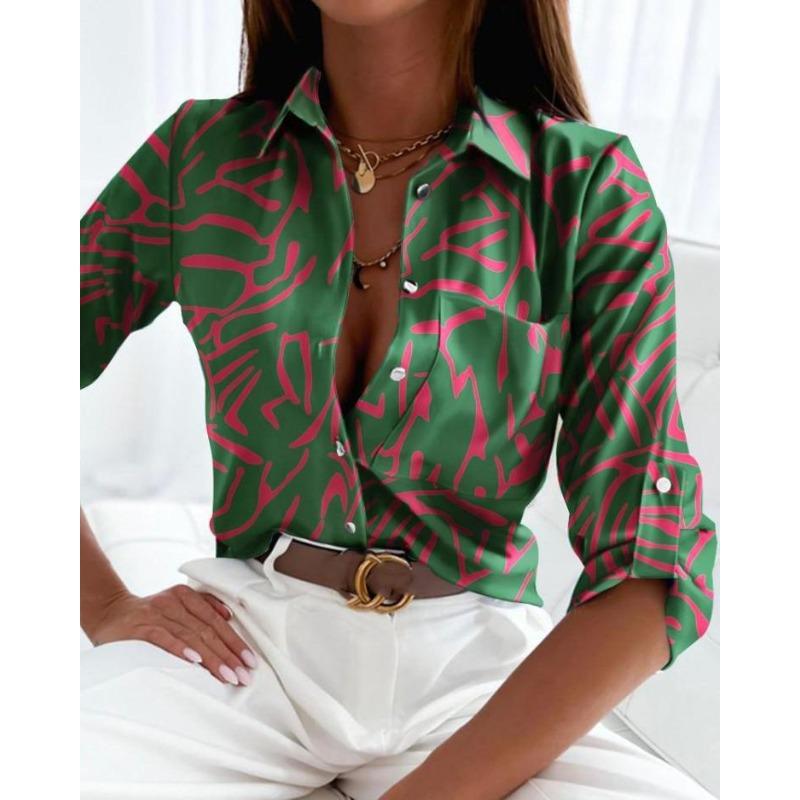 Fashion 2026 Women Long Sleeve Tops European American Printed for Spring Autumn