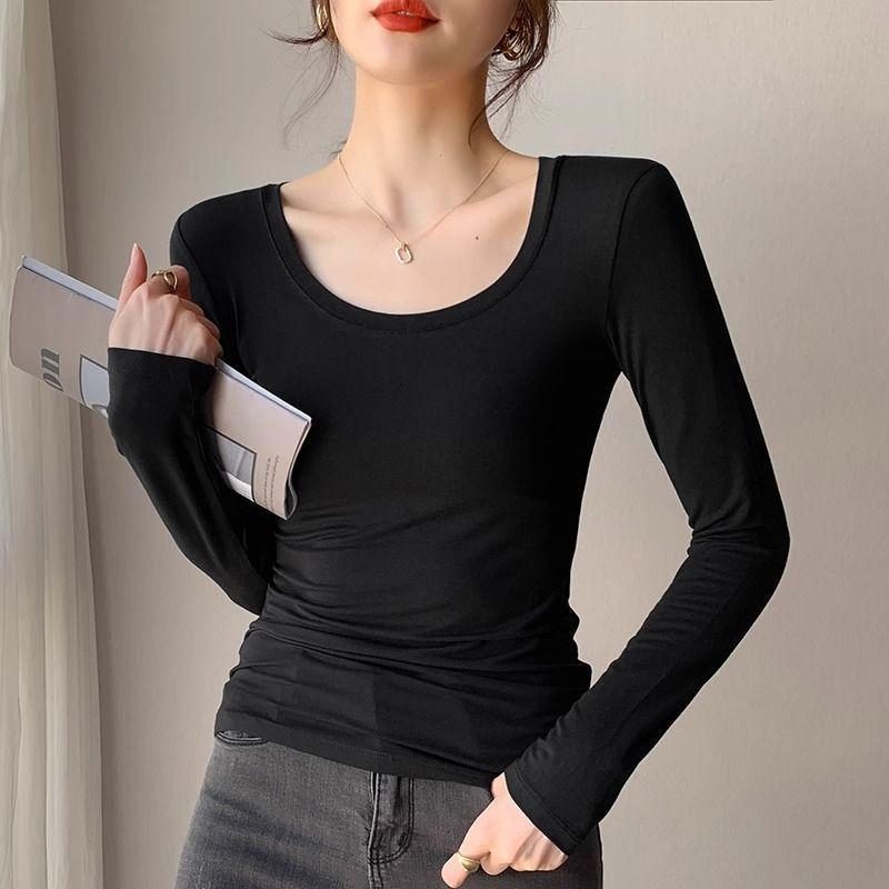 Women's Black Modal Crew Neck Long Sleeve Base Layer Top - Slim Fit, Low Neck Design for 2025 Autumn/Winter