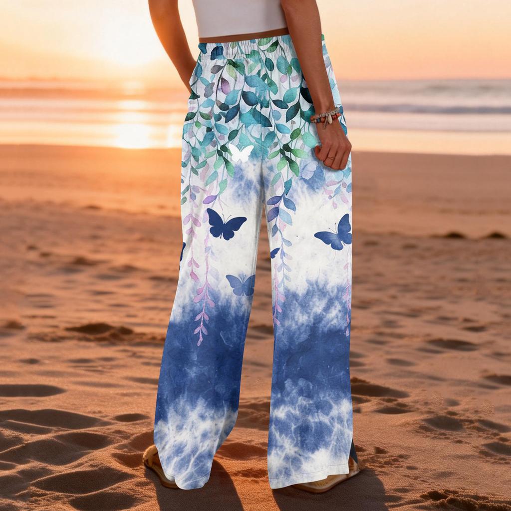Women Summer Boho Palazzo Pants High Waist Wide Leg Printing Casual Trousers With Pockets