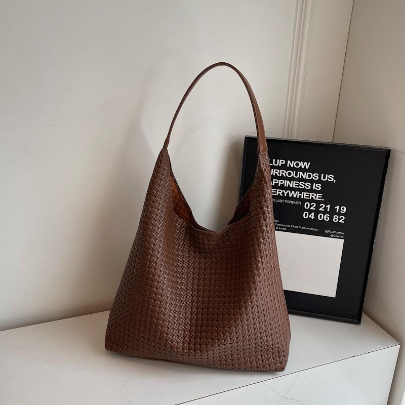 

Винтажная плетеная сумка-тоут 2025 новая большая вместительная сумка-шоппер для поездок на работу, повседневная, с высокой ценностью, сумка под мышкой для женщин темно-коричневого
