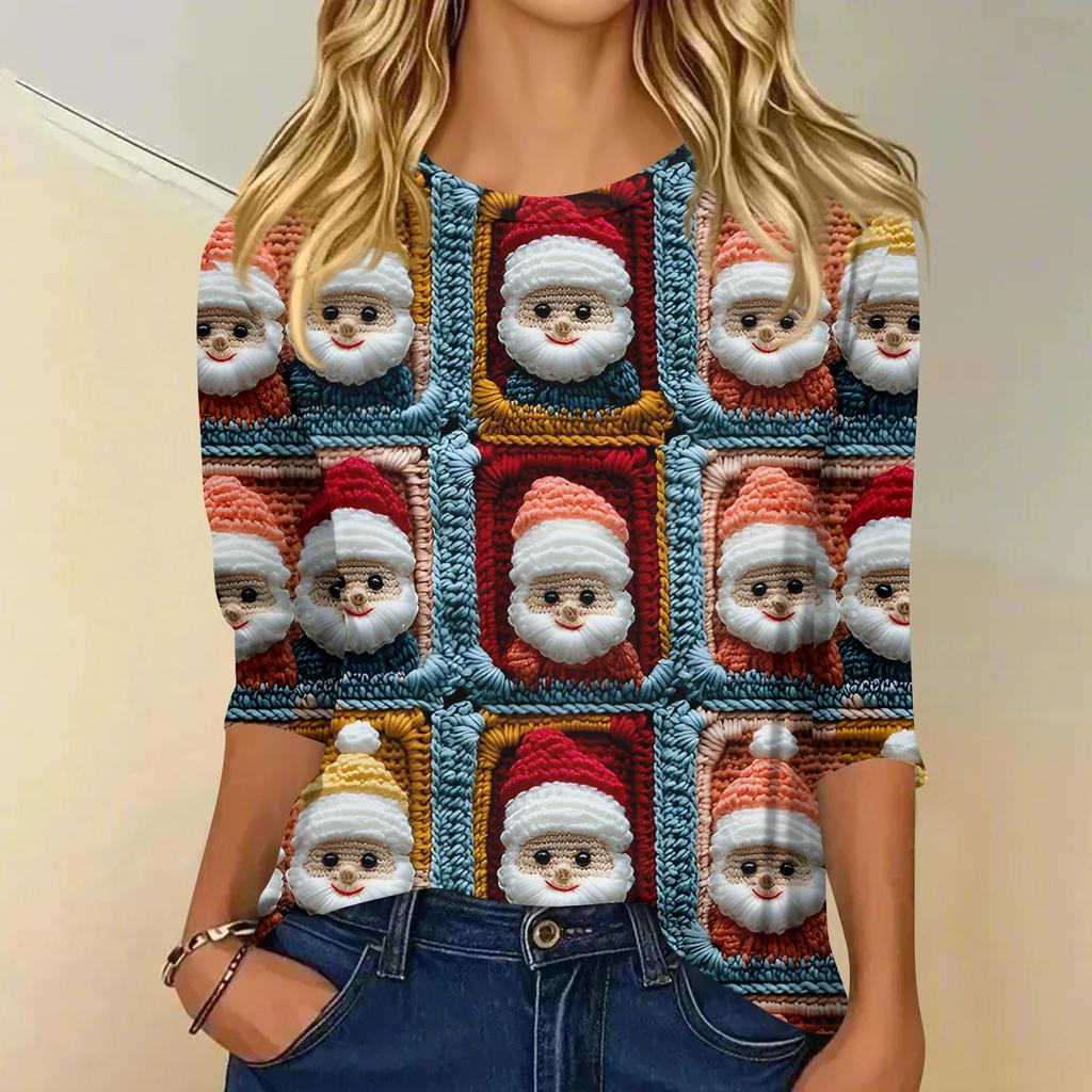 Women's Fashionable Casual Three-Quarter Sleeve Christmas Print Round Neck Top