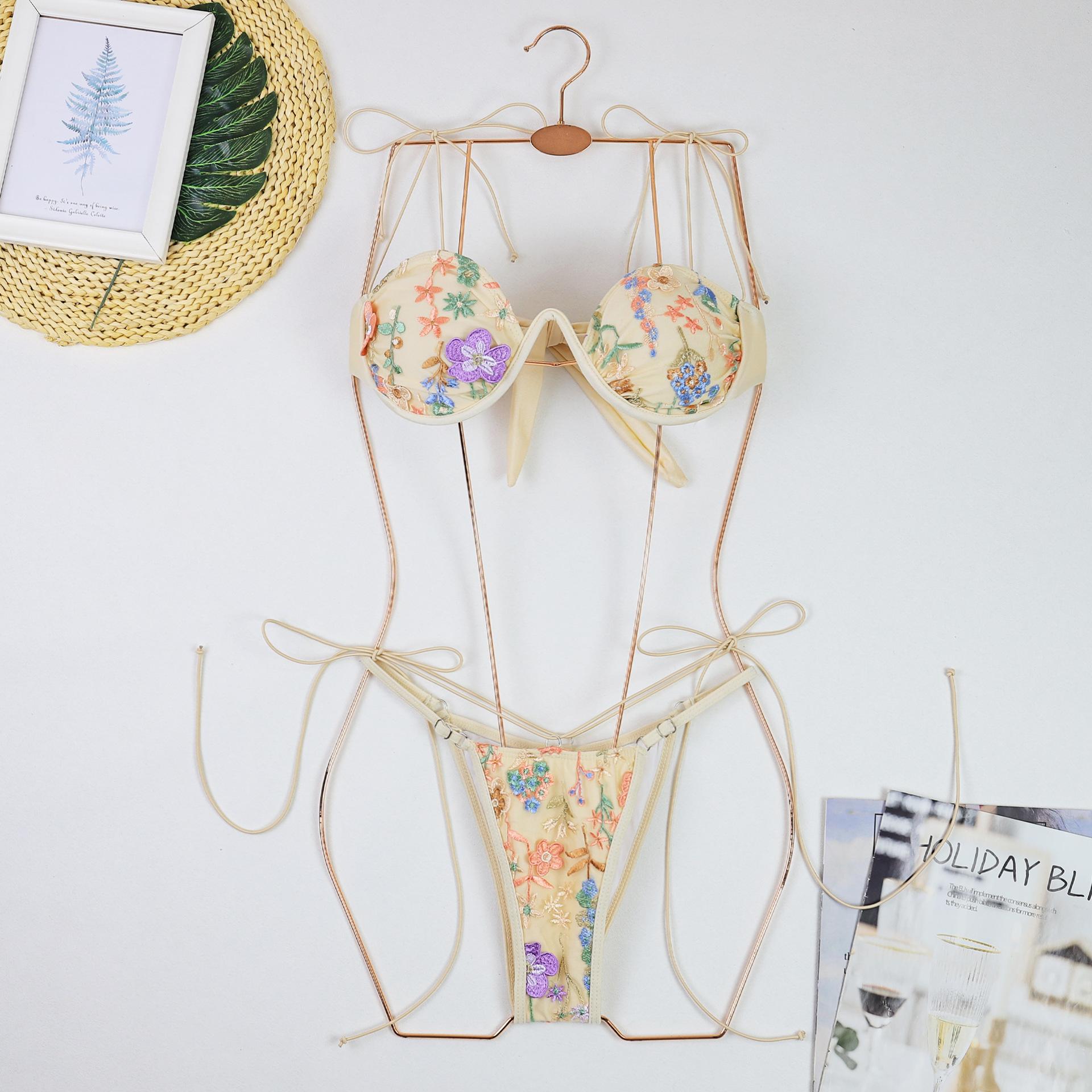 Embroidery gather bikini swimsuit female sexy thin strap three-point steel tray split swimsuit S