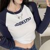 T-Shirt z nadrukiem listowym damski wiosenny z długim rękawem patchworkowe topy moda Retro kontrastowy kolorowy krótki top gorąca dziewczyna Kpop Skinny Y2K Tees