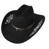 Pălărie de cowboy unisex neagră din pâslă, cu bor lat, cu broderie florală și bandă cu nituri în formă de cap de taur