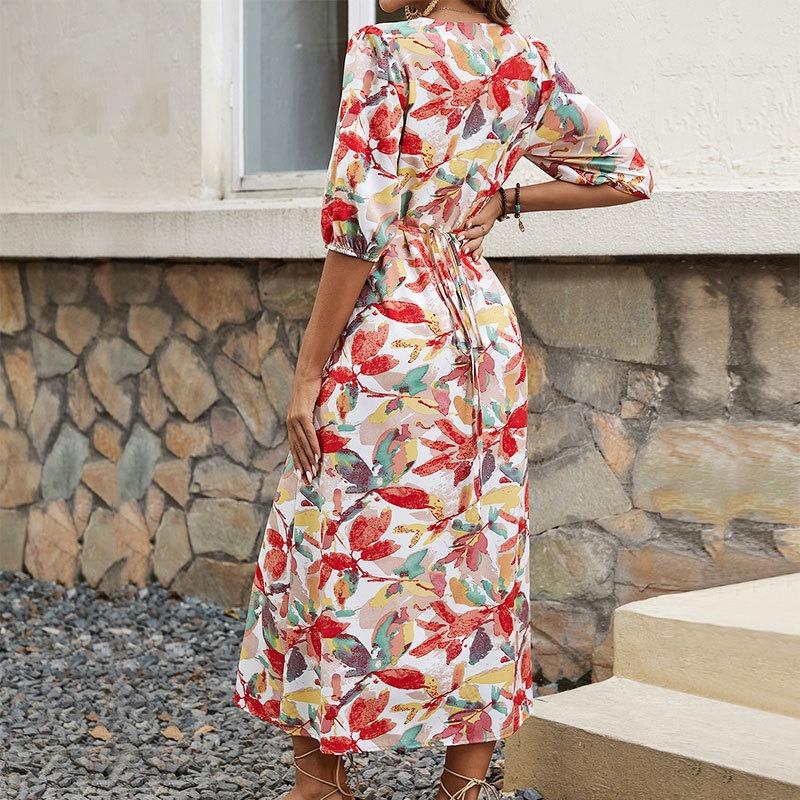 Button A-line dress V-neck floral print dress