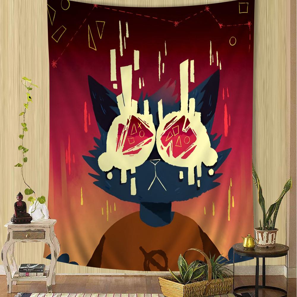 Night in the Woods Volle Charakter-Silhouette Wandteppich Farbverlauf-Hintergrund Gemütliche Zimmerdekoration für Indie-Spiel Nostalgische Fans