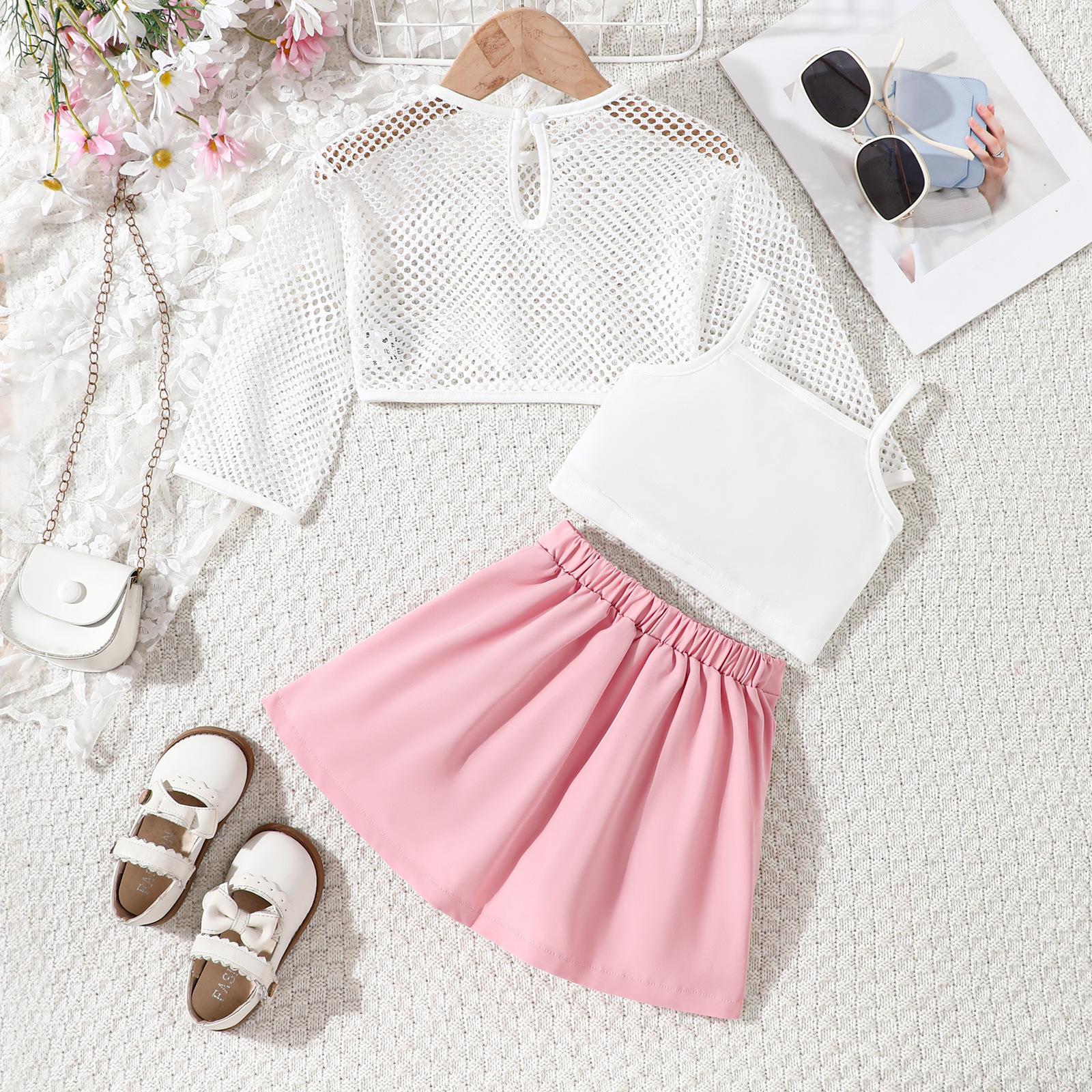 

Модний костюм для дівчаток Дитяче повсякденне пальто з сітки + жилетка + плісирована спідниця Костюм-трійка 12-18M рожевий