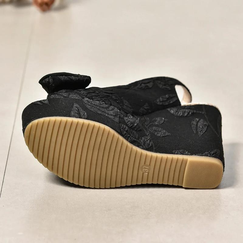 Fashion Slope Heel Sandals Female 2025 Summer New Bow Embroidery High-heeled Fish Mouth Shoes Thick Bottom Fashion Versatile Women Shoes