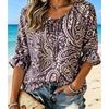 Women's Vintage Dark Purple Paisley Print Tie Neck Ruffle 3/4 Sleeve Soft Loose Boho Casual Vacation Blouse
