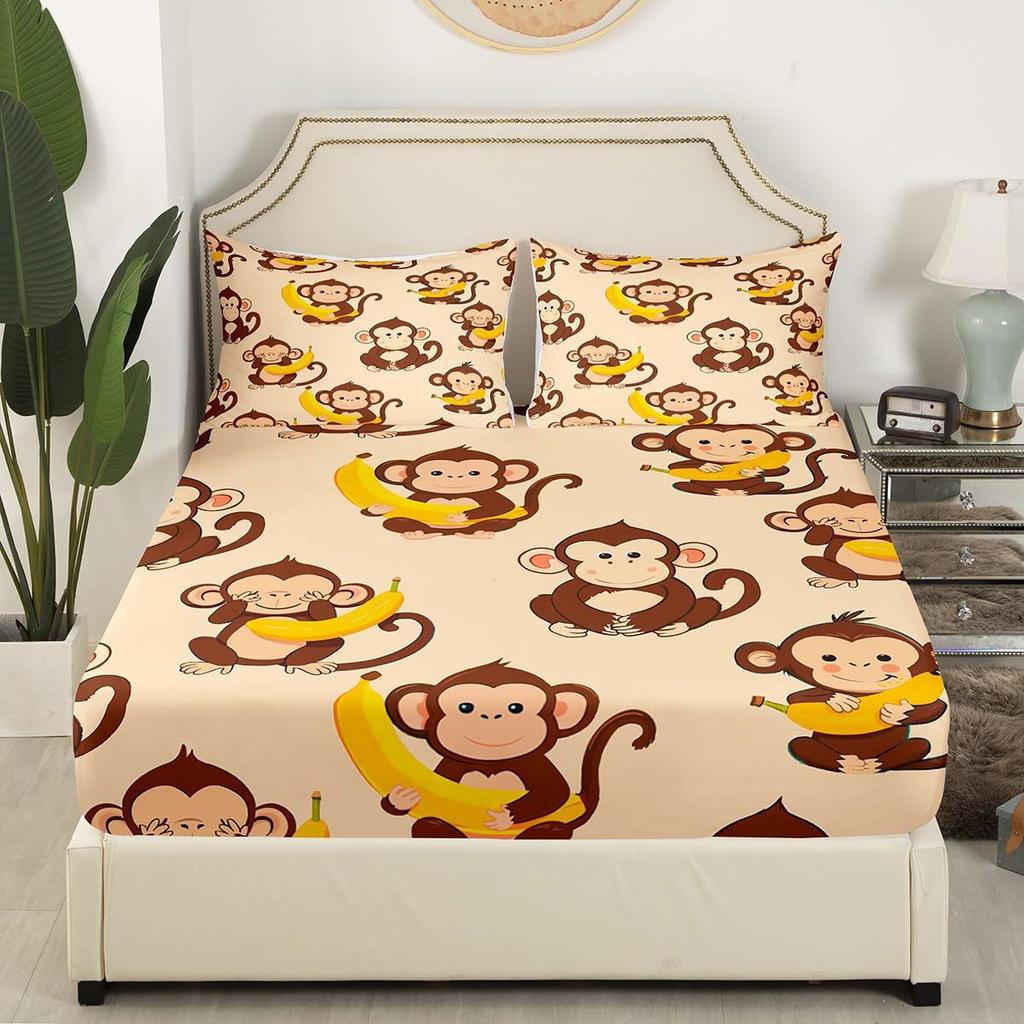 Cartoon Animal Little Monkey Pattern Bed Hat Four-piece Bedding Set Bedroom Dormitory Bedding Decoration