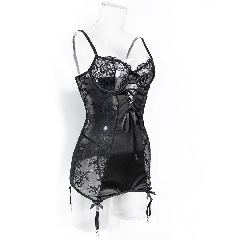 European and American Cross-Border Black Lace Satin Camisole: Sexy, Strappy, Body-Shaping, Slimming Nightgown.