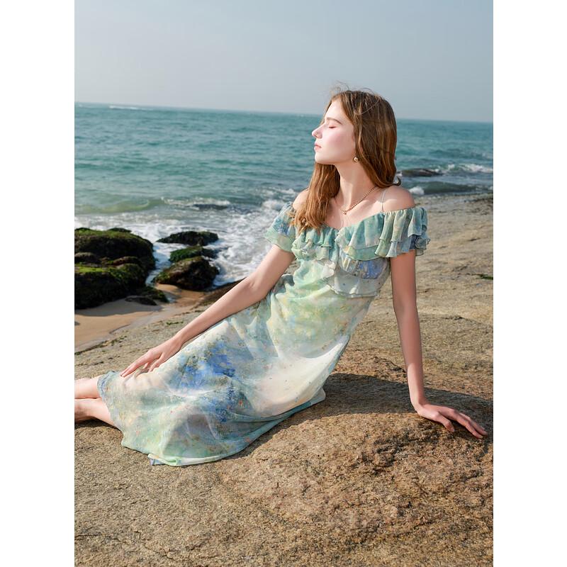 

Sancai 2025 Spring Ruffle Off-Shoulder Chiffon Floral Maxi Dress M (160/84A)