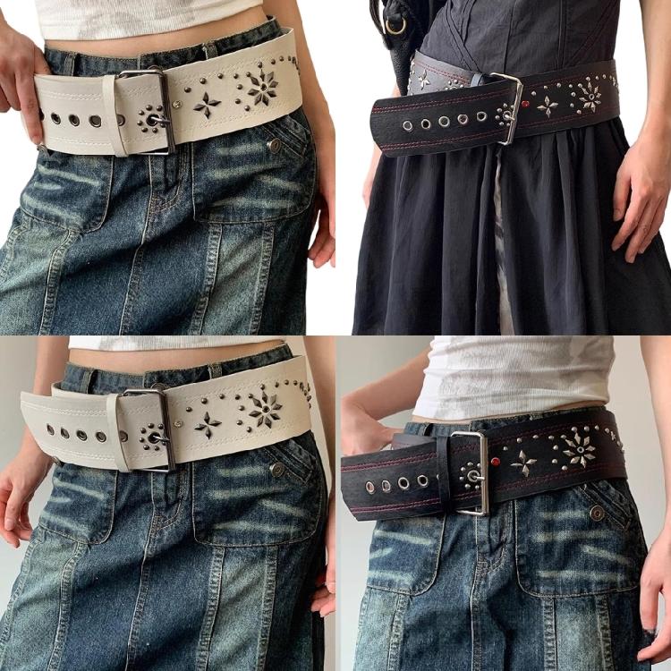 Fashionable Rivet Studded Wide Belt For Women Men Pin Buckles PU Waistband for Street Wear Jeans Pants Waist Accessory