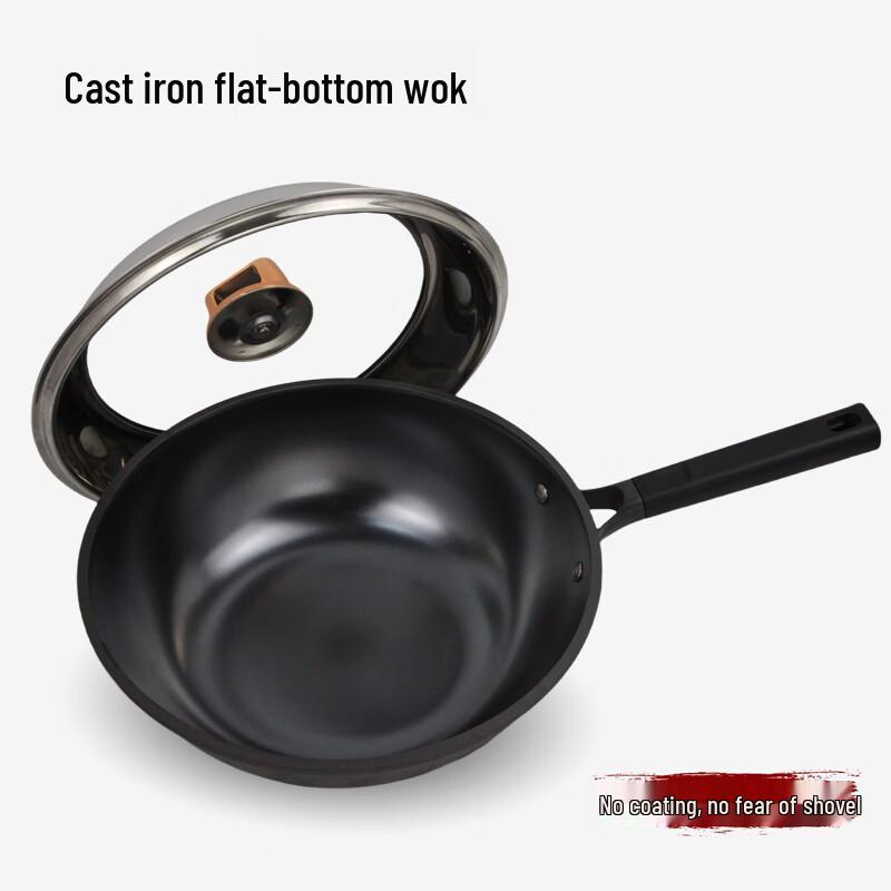 YUZUN 32cm Cast Iron Wok with Visible Lid