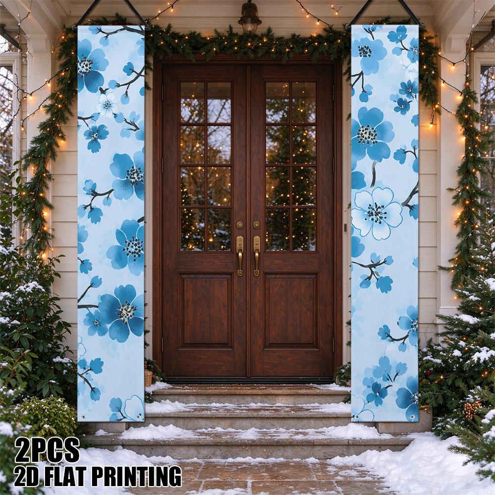 2D Flat, 2D Flat - 2D Door Banner 2D Flat, 2D Flat - 2D Door Banner 2D Flat Printing 2pcs Blue Floral Branches Couplets Porch Banners, Party Decorativ
