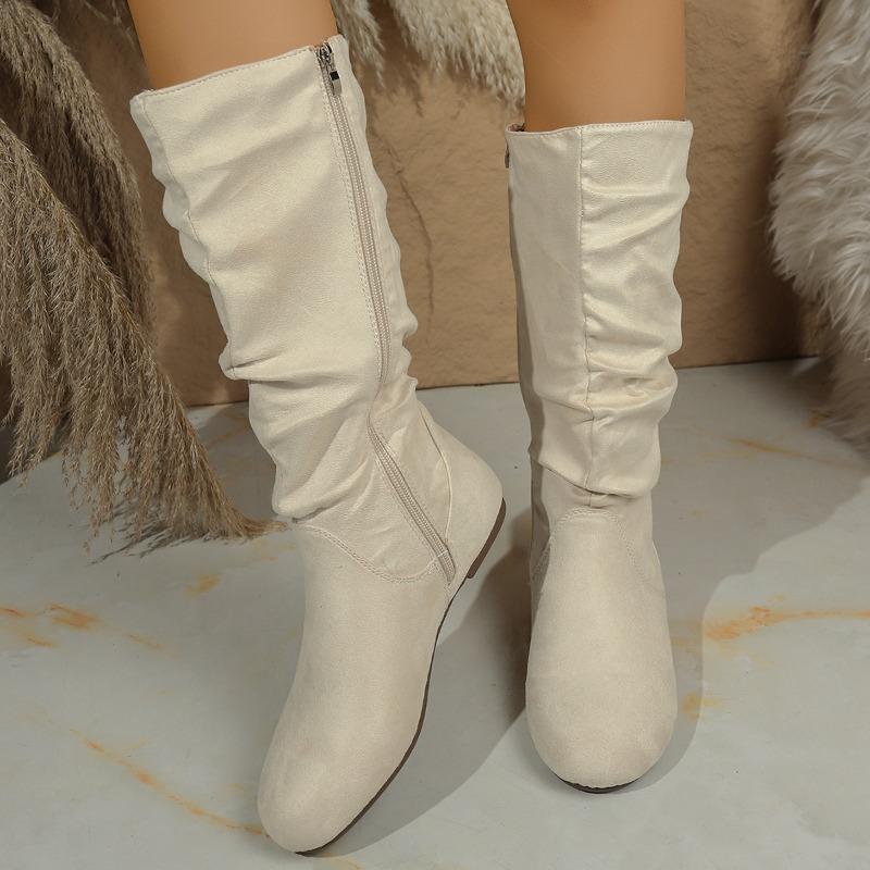 Side Zip Low Heel Mid-Tube Boots Stylish New Round Toe Scrub Fleece Soft Sole Non-Slip Pleated Stack Boots