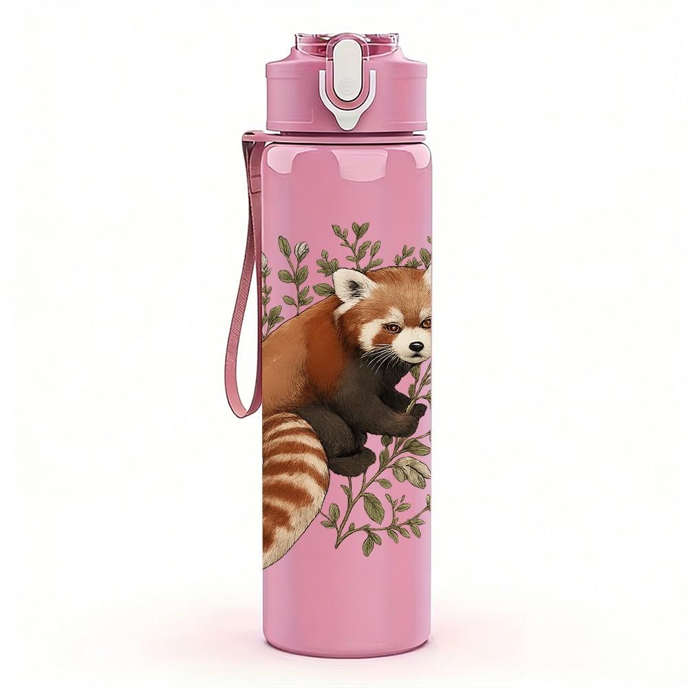 1PC Forest Red Panda Pattern 750ml Color Plastic Sports Water Bottle Leakproof Flip Straw Lid Suitable for Sports Office Home Use
