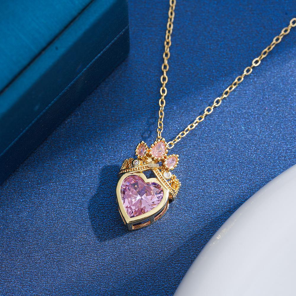 Pink Crown Heart Necklace with Titanium Steel Clavicle Chain - Elegant and Versatile Design.