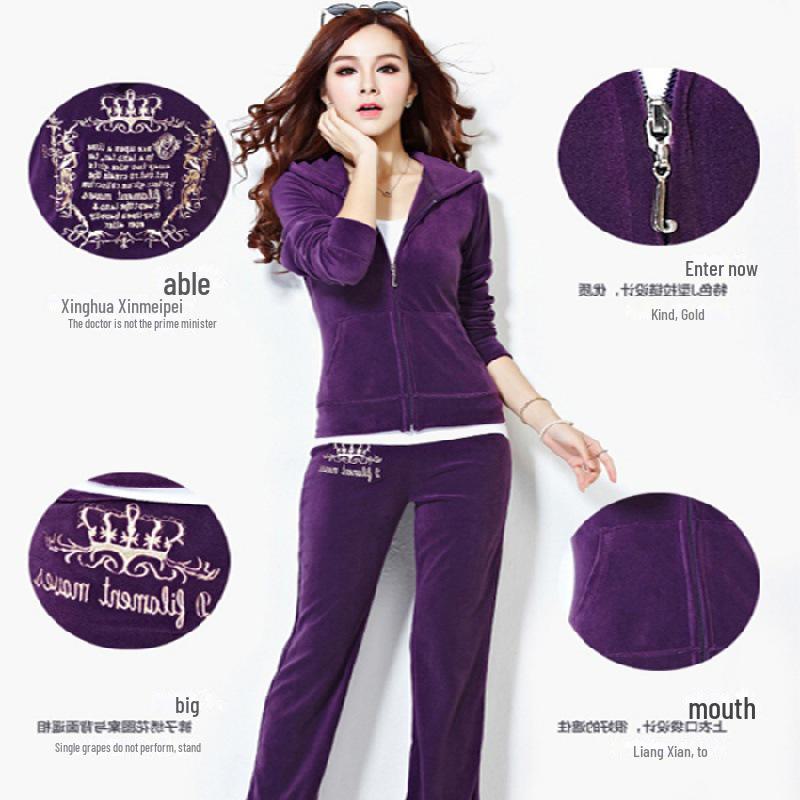 

Женский спортивный костюм из золотого бархата с вышивкой - модный повседневный комплект из двух предметов для бега на весну/осень 2022 года XXL фиолетовый