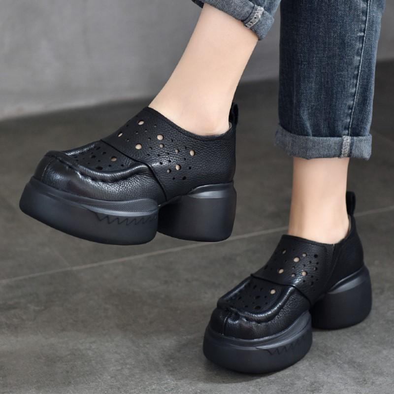 Johnature Thick Soled Retro Hollow Sandals Versatile Genuine Leather High Heels Women's Platform Shoes