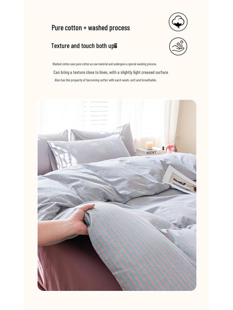 New Woven Cotton Pure 4-Piece Bedding Set: Skin-Friendly Pillowcase & Fitted Sheet