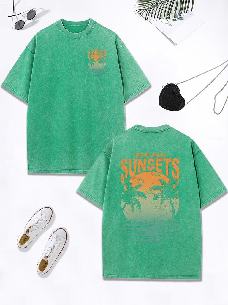 Forever Chasing Sunsets Coconut Tree Prints Washed TShirt Women Cotton Oversized Tops ONeck Distressed T Shirt Casual Clothes