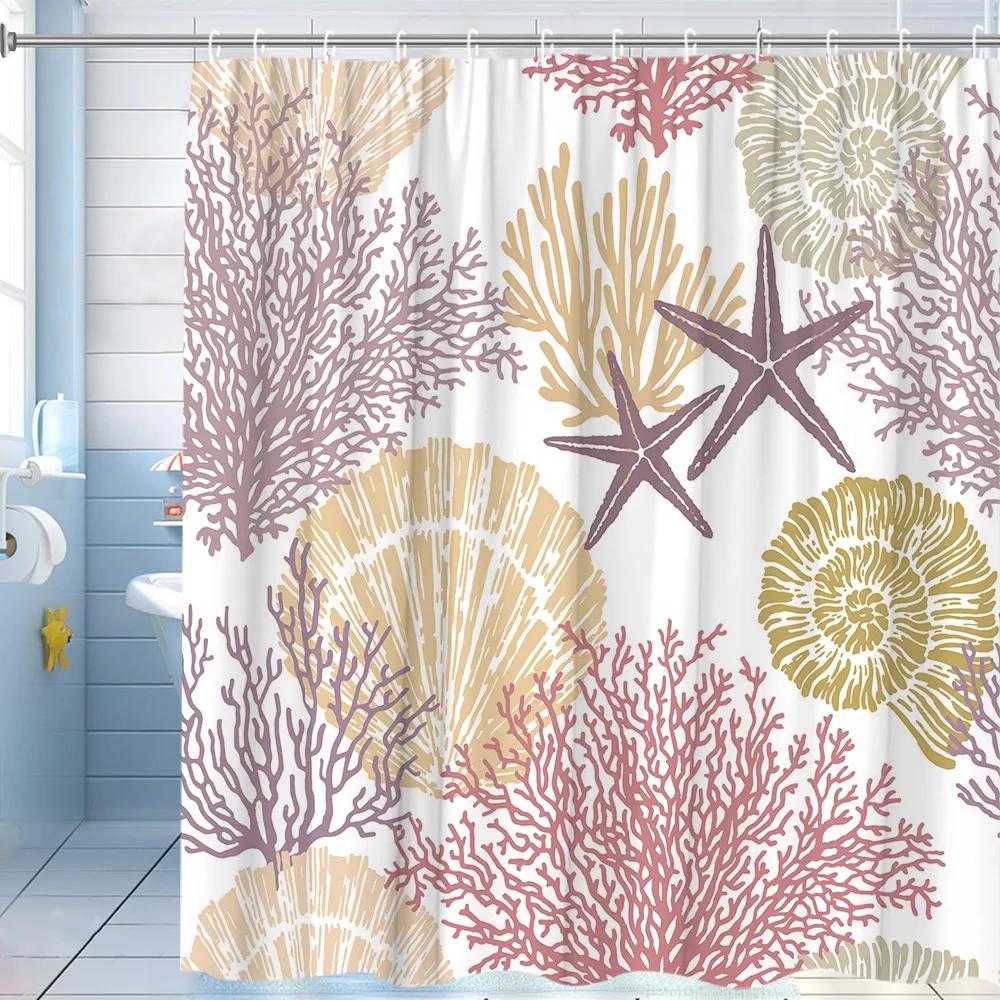 Vintage Nautical Shower Curtain, Ocean Shore Starfish Coral Shell Creative Modern Polyester Fabric Bathroom Decorative Curtains