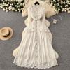2025 French Women's Dress High-end Fungus Edge Splicing Single-breasted Waist Lace Embroidered Dress
