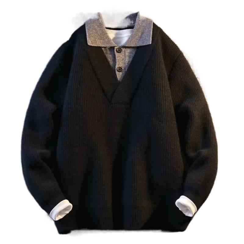2024 Men's Autumn/Winter American Retro V-Neck Cardigan Sweater - Casual Solid Color Knitwear