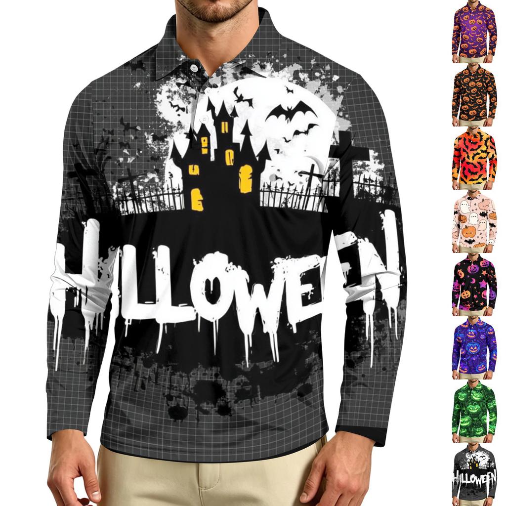 Men's Long Sleeve Casual T Shirt Crew Neck Printed Halloween Pumpkin Stars Moon Pattern Comfortable Fit Lightweight Top