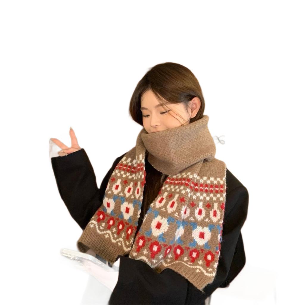 Fair Island Jacquard Knitted Wool Scarf Women's Winter New Brown Retro Thickened Neck Protection Warm Scarf