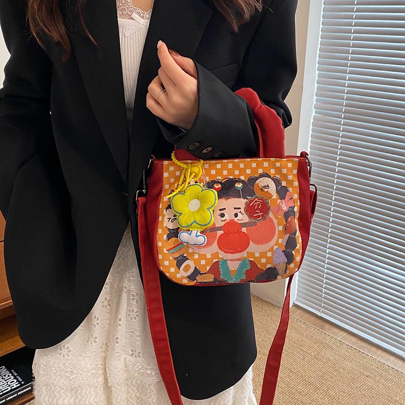 Illustration Fashionable Cute Canvas Handbag For Girls Lightweight And Versatile School For