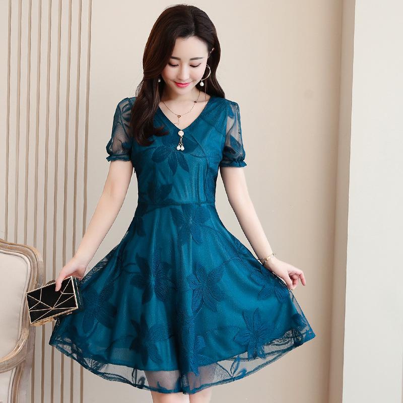 Rochie din dantelă cu mâneci scurte, cu decolteu în V, mărime mare, de vară, cu talie elegantă, fustă temperament de lungime medie