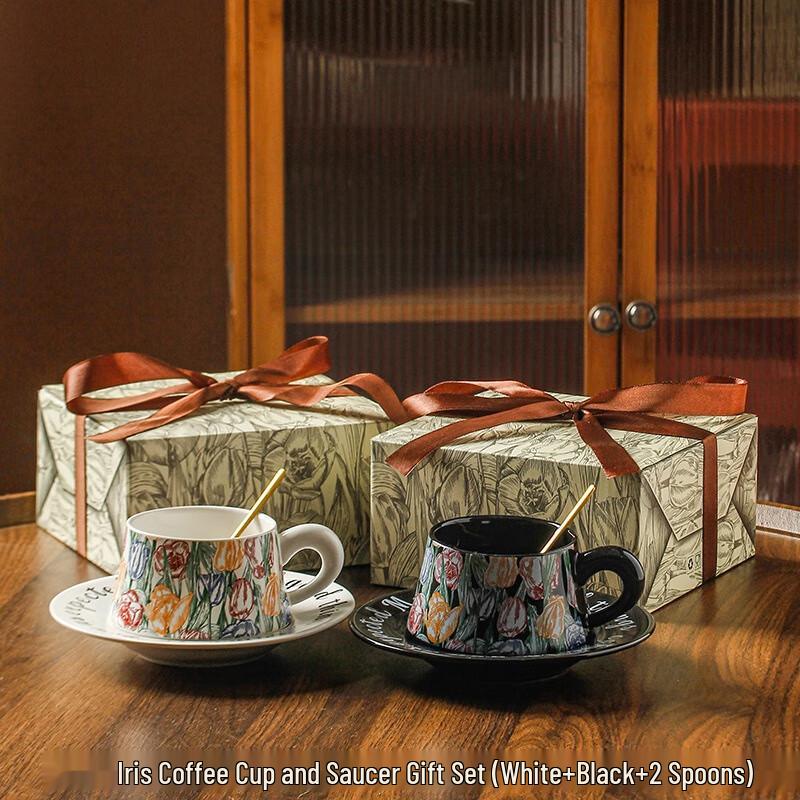 Retro Watercolor Ceramic Coffee Mug and Saucer Set