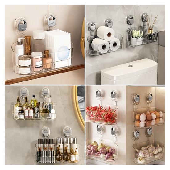 No Drill Bathroom Suction Storage Box Wall-Mounted Storage Shelf Organizer with Drain Hole Removable Clear Shower Caddy for Home Kitchen