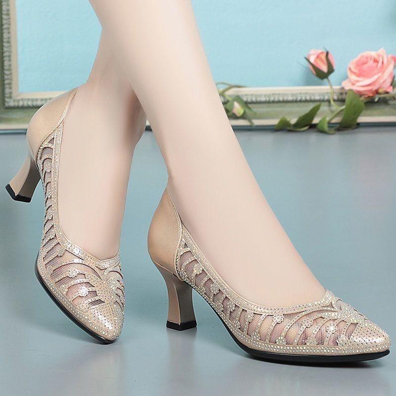 Scarpe da Donna a Punta Moda Rete Strass Tacco Alto Slip-On Punta Acuta Nero Champagne Dropshipping